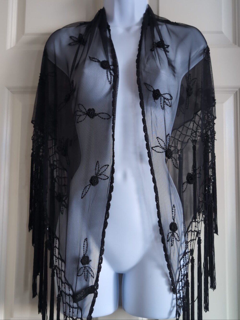 Vintage Y2K black sheer mesh shawl triangle scarf with beaded floral embroidery